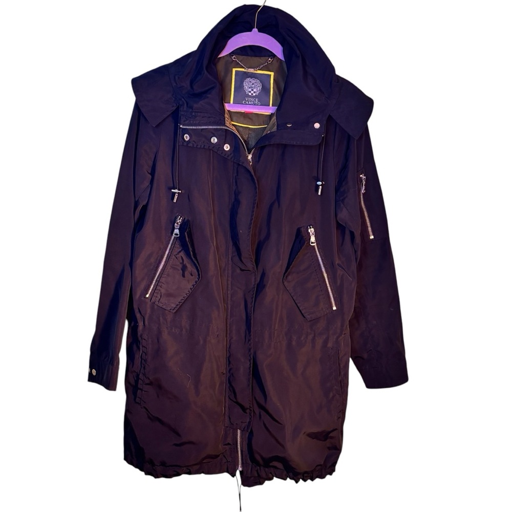 Vince Camuto Black Rain Jacket with Hood. Silver Hardware, Green Lining.‎ Small